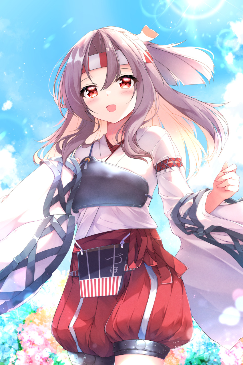 1girl absurdres blush cowboy_shot day fuuna hachimaki headband high_ponytail highres japanese_clothes kantai_collection kimono light_brown_hair long_hair long_sleeves muneate open_mouth outdoors red_eyes red_shorts shorts smile solo white_kimono wide_sleeves zuihou_(kancolle)