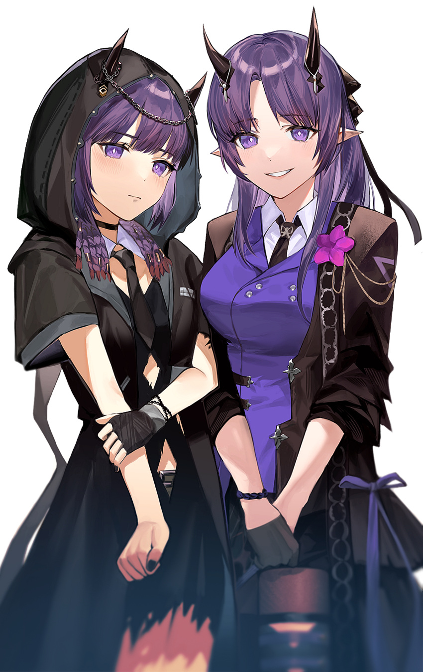 2girls arknights black_gloves black_jacket black_nails black_necktie black_shorts breasts brown_pantyhose closed_mouth collared_shirt gloves grin half_gloves hibiscus_(arknights) hibiscus_the_purifier_(arknights) highres hood hood_up hooded_jacket horns horns_through_headwear jacket lava_(arknights) lava_the_purgatory_(arknights) looking_at_viewer medium_breasts multiple_girls nail_polish necktie open_clothes open_jacket oxy_(ho2) pantyhose pantyhose_under_shorts parted_bangs pointy_ears purple_hair purple_vest shirt short_shorts shorts simple_background single_glove smile vest violet_eyes white_background white_shirt