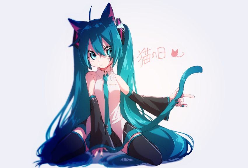 1girl ahoge animal_ears arm_between_legs bare_shoulders black_sleeves black_thighhighs blue_hair blue_nails blue_necktie blush cat_day cat_ears cat_girl closed_mouth collared_shirt detached_sleeves hair_between_eyes hatsune_miku headset highres holding_own_tail kemonomimi_mode legs_apart long_hair looking_at_viewer nail_polish necktie nuko_0108 raised_eyebrows seiza shirt sidelocks simple_background sitting sleeveless sleeveless_shirt solo tail thigh-highs tie_clip twintails very_long_hair vocaloid white_background white_shirt zettai_ryouiki