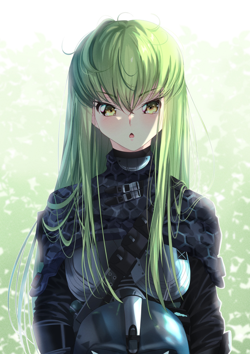 1girl absurdres alternate_costume blush budgiepon c.c. chestnut_mouth code_geass cosplay eyelashes gradient_background green_background green_hair hair_between_eyes hair_over_shoulder hair_spread_out headwear_removed helmet helmet_removed highres long_hair looking_at_viewer messy_hair open_mouth pilot_(titanfall_2) pilot_(titanfall_2)_(cosplay) sidelocks solo straight-on straight_hair titanfall_(series) upper_body v-shaped_eyebrows very_long_hair white_background yellow_eyes