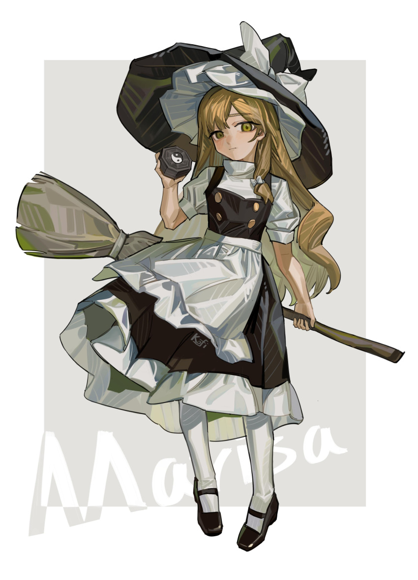 1girl absurdres apron artist_name black_footwear black_headwear black_skirt black_vest blonde_hair blush bow broom character_name chinese_commentary closed_mouth commentary_request copyright expressionless full_body hat hat_bow highres holding holding_broom kirisame_marisa kofi-mo long_hair looking_at_viewer mary_janes mini-hakkero puffy_short_sleeves puffy_sleeves shirt shoes short_sleeves simple_background skirt sleeve_cuffs solo thigh-highs touhou turtleneck very_long_hair vest waist_apron white_apron white_bow white_shirt white_thighhighs witch_hat yellow_eyes