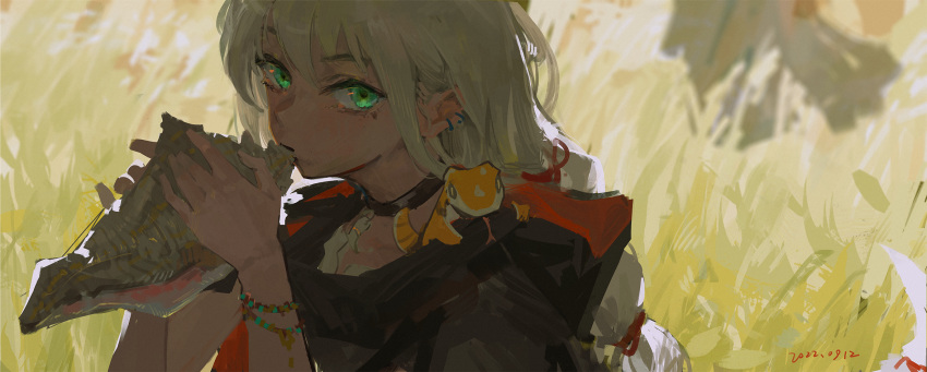 1girl animal black_cloak blowing braid chinese_commentary cloak commentary_request dated ear_piercing eyelashes grass green_eyes highres holding hood hooded_cloak jewelry lizard long_hair looking_at_viewer necklace original piercing single_braid solo upper_body white_hair xilmo