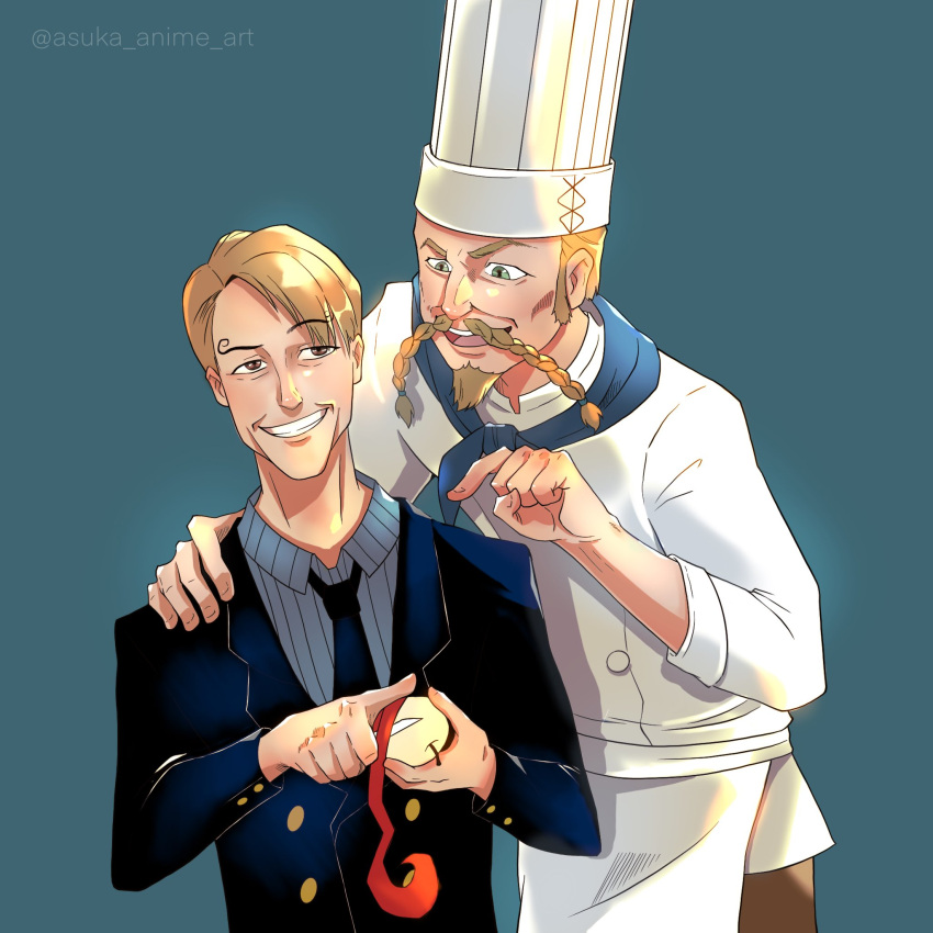 2boys apple artist_name asuka_young asymmetrical_bangs beard black_necktie blonde_hair braid braided_beard chef chef_hat cutting facial_hair food formal fruit goatee grin hand_on_another's_shoulder hat highres holding holding_food holding_fruit male_focus multiple_boys mustache necktie one_piece one_piece_(live_action) red_shoes_zeff sanji_(one_piece) short_hair simple_background smile uniform