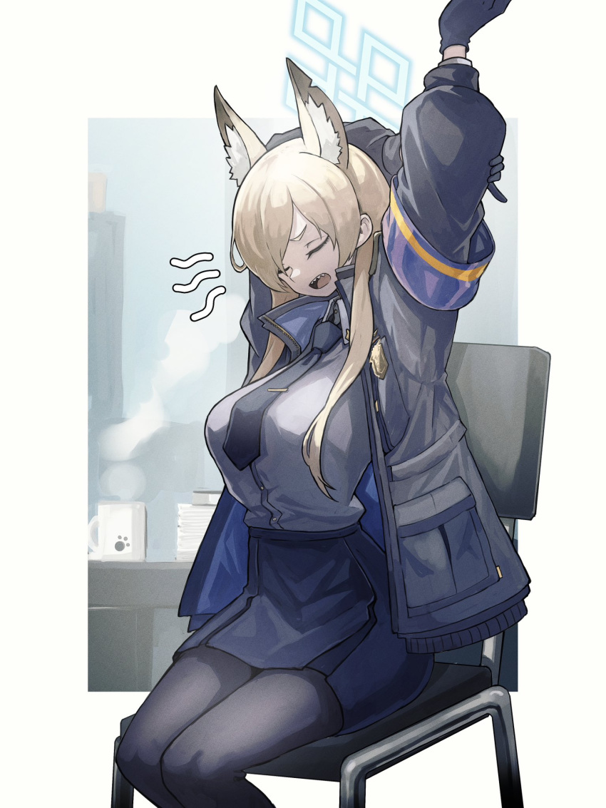 1girl animal_ear_fluff animal_ears armband arms_up black_gloves black_pantyhose black_skirt blonde_hair blue_archive breasts chair closed_eyes collared_shirt cup gloves grey_shirt halo highres jacket kanna_(blue_archive) large_breasts long_hair long_sleeves mug necktie open_clothes open_jacket open_mouth pantyhose pencil_skirt sanshouuo sharp_teeth shirt sitting skirt solo steam stretching teeth
