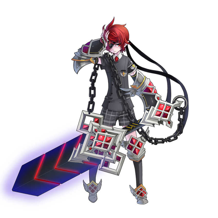 1boy armor black_shirt black_shorts boots chain eyepatch greatsword hero_(latale) latale necktie pointy_ears red_eyes redhead shirt shorts sword transparent_background weapon