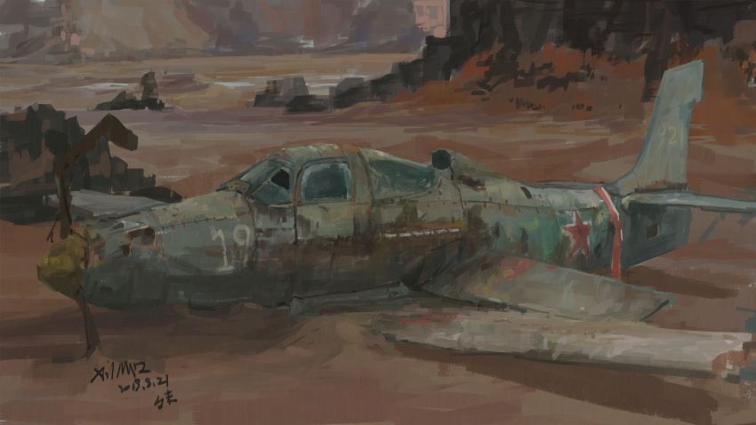 aircraft airplane artist_name chinese_commentary commentary_request dated day desert highres military_vehicle mountain no_humans original outdoors p-39_airacobra scenery signature wreckage xilmo