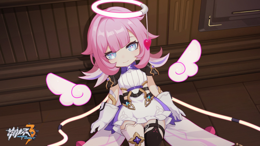 1girl black_thighhighs blue_eyes breasts chinese_commentary closed_mouth elf_elysia gloves halo heart highres honkai_(series) honkai_impact_3rd indoors logo looking_at_viewer medium_breasts medium_hair official_art official_wallpaper on_floor open_hands smile thigh-highs white_gloves white_thighhighs wings