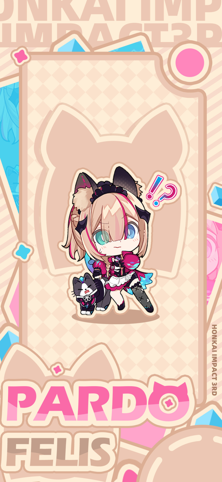 !? 1girl =_= animal animal_ear_fluff animal_ears black_cat black_footwear black_gloves black_shorts black_thighhighs blue_eyes braid can_(honkai_impact) cat cat_ears cat_girl cat_tail character_name chibi chinese_commentary clenched_hand closed_mouth fingerless_gloves gloves green_eyes heterochromia high_ponytail highres honkai_(series) honkai_impact_3rd jacket light_brown_hair logo long_sleeves medium_hair official_alternate_costume official_art official_wallpaper open_clothes open_hand open_jacket open_mouth pardofelis_(honkai_impact) pink_jacket pink_sleeves shorts single_bare_leg single_thighhigh standing surprised sweatdrop tail thigh-highs
