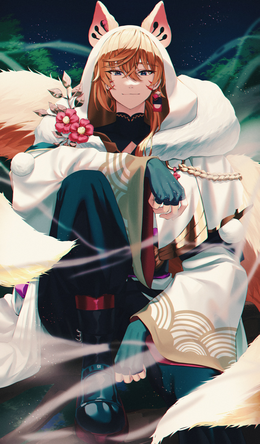 1boy absurdres animal_ears black_gloves black_pants blue_eyes brown_hair closed_mouth facial_mark fingerless_gloves fox_boy fox_ears fox_tail fur-trimmed_kimono fur_trim gloves hair_between_eyes hakama hakama_pants highres hood hood_up japanese_clothes jisu_lee kimono knee_up long_sleeves looking_at_viewer male_focus multiple_tails night original outdoors pants short_hair sidelocks sitting smile solo tail two_tails white_kimono wide_sleeves