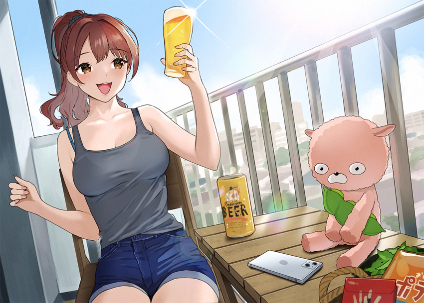 1girl alcohol arm_up balcony bare_arms bare_shoulders basket beer beer_can beer_glass black_scrunchie black_tank_top blue_sky blush bra_strap breasts brown_hair can cellphone chair city cityscape clouds cloudy_sky cup denim denim_shorts doushimasho hair_ornament hair_scrunchie holding holding_cup leaf long_hair nail_polish open_mouth original outdoors phone pink_nails railing scrunchie shorts sitting sky sleeveless smartphone stuffed_animal stuffed_toy table tank_top teddy_bear teeth thighs upper_teeth_only wooden_chair wooden_table yellow_eyes