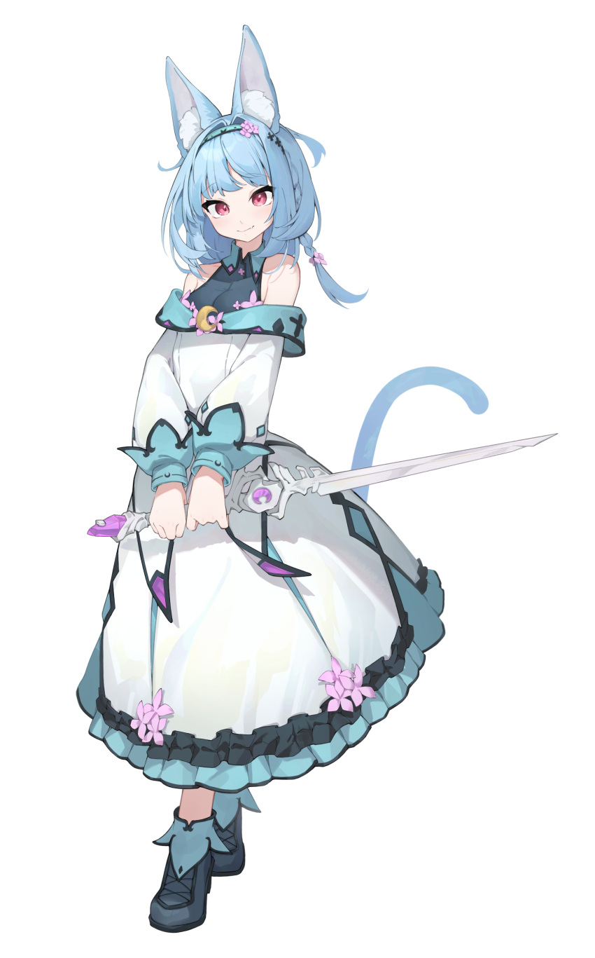1girl absurdres animal_ears black_shirt blue_hair braid breasts cat_ears cat_girl cat_tail closed_mouth collared_shirt dress flower frilled_dress frills full_body hair_flower hair_ornament highres holding holding_sword holding_weapon long_bangs long_hair long_sleeves looking_at_viewer mishuo_(misuo69421) off-shoulder_dress off_shoulder original own_hands_together pink_eyes pink_flower raised_eyebrows shirt sidelocks simple_background sleeveless sleeveless_shirt small_breasts smile solo sword tail weapon white_background white_dress