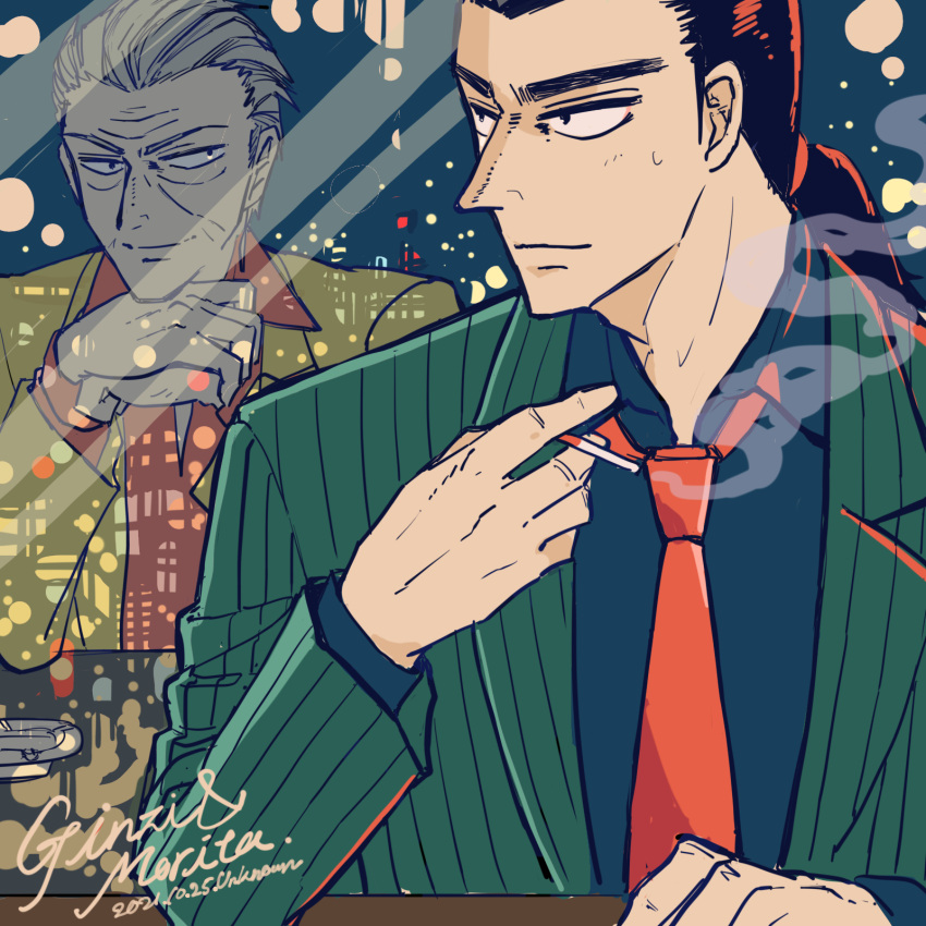 2boys ashtray black_hair black_shirt blazer cigarette closed_mouth collared_shirt commentary_request dated gin_to_kin green_jacket grey_hair hair_slicked_back hands_on_own_chin highres hirai_ginji jacket long_hair low_ponytail male_focus morita_tetsuo multiple_boys necktie orange_shirt red_necktie shirt short_hair signature smile smoke unknown03162 upper_body yellow_jacket