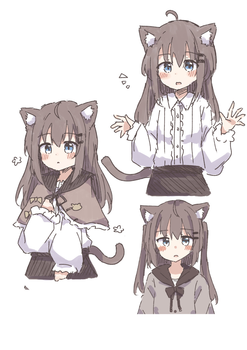 1girl absurdres ahoge animal_ear_fluff animal_ears black_ribbon blue_eyes blush_stickers brown_capelet brown_hair capelet cat_ears cat_tail center_frills colon_br cropped_torso dot_nose ears_down flying_sweatdrops frilled_capelet frilled_shirt frills grey_hoodie hair_between_eyes hair_ornament hairclip hand_on_own_leg highres hood hood_down hoodie long_hair long_sleeves looking_at_viewer multiple_views neck_ribbon original ribbon shirt sidelocks simple_background straight_hair tail white_background white_shirt