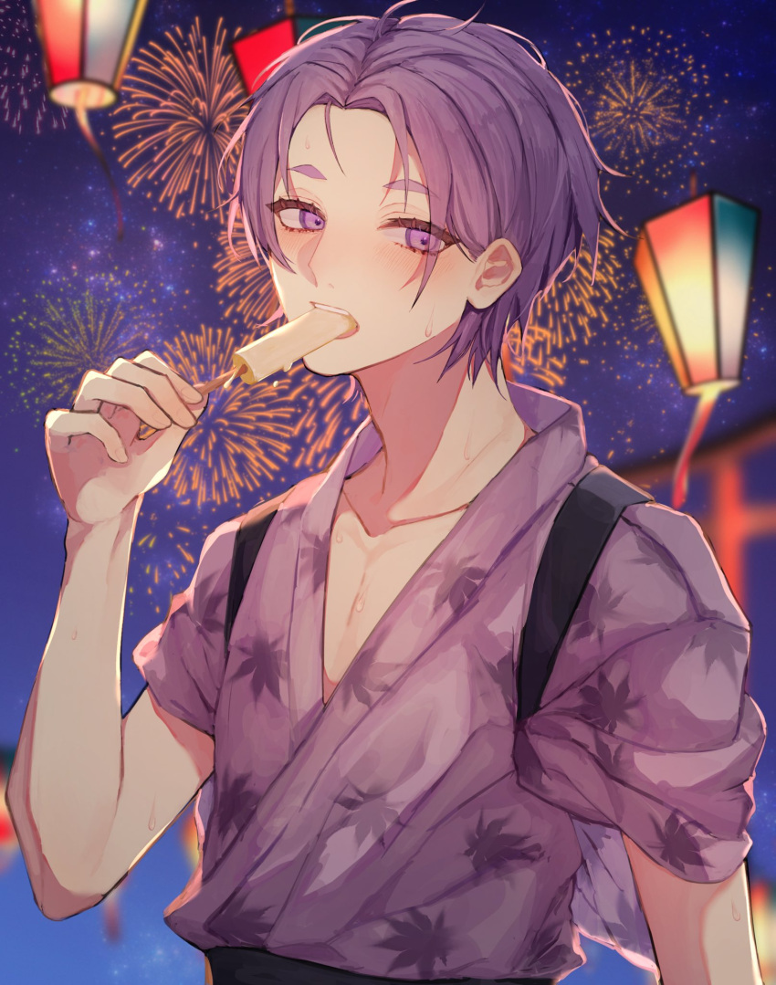 1boy blue_lock collarbone eating fireworks food hand_up highres holding japanese_clothes kimono koumimi lantern male_focus mikage_reo night open_mouth outdoors paper_lantern popsicle purple_hair purple_kimono short_eyebrows short_hair short_sleeves sleeves_rolled_up solo sweat upper_body violet_eyes yukata