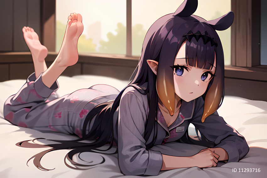 1girl ai-generated animal_ears breasts closed_mouth feet hannenhero highres hololive hololive_english long_hair looking_at_viewer ninomae_ina'nis simple_background solo violet_eyes virtual_youtuber