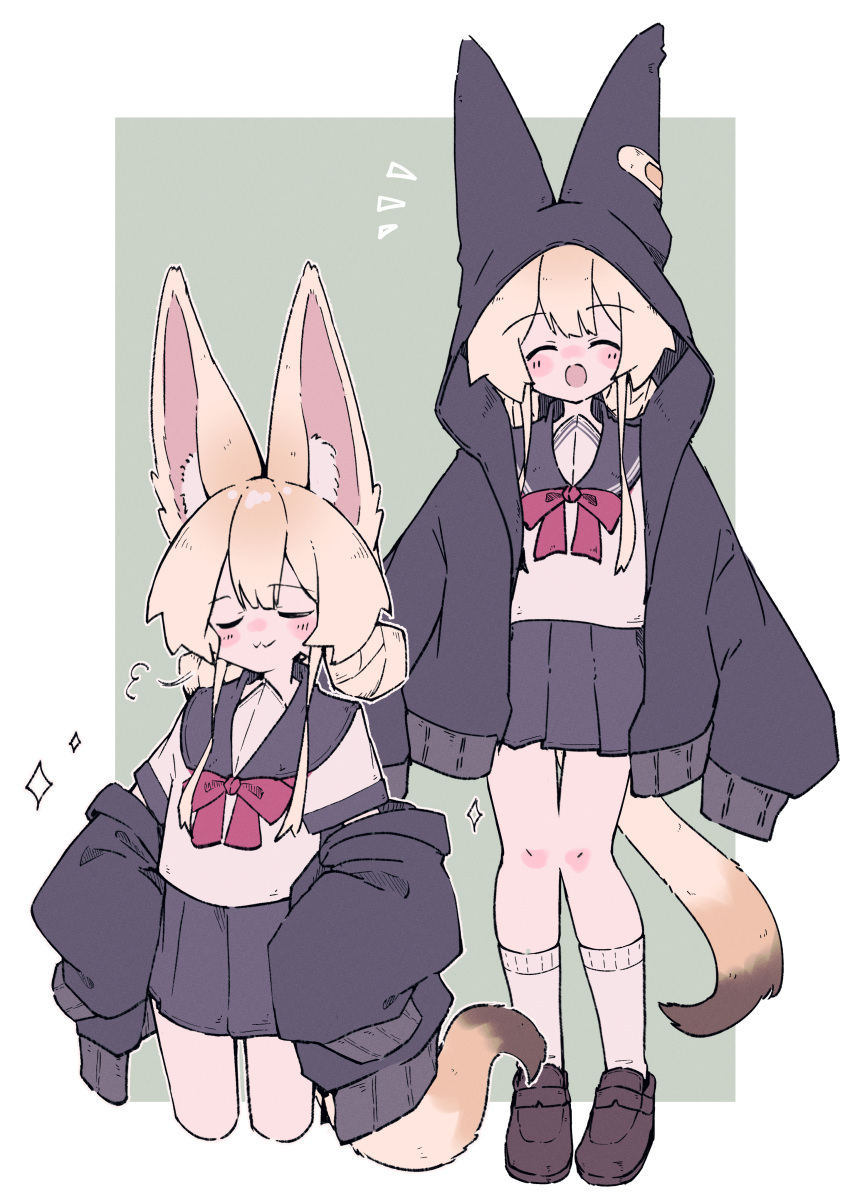 1girl :3 =3 ^_^ absurdres animal_ear_fluff animal_ears bandaid bandaid_on_clothes black_hoodie blonde_hair blush border bow bowtie brown_footwear closed_eyes closed_mouth commentary_request cropped_legs double_bun facing_viewer film_grain fox_ears fox_girl fox_tail full_body green_background grey_sailor_collar grey_skirt hair_bun hands_on_own_hips highres hood hoodie jacket jacket_partially_removed loafers long_sleeves medium_hair megateru multiple_sources multiple_views nose_blush notice_lines open_clothes open_hoodie open_mouth original outside_border pleated_skirt red_bow red_bowtie sailor_collar school_uniform serafuku shirt shoes sidelocks simple_background skirt sleeves_past_fingers sleeves_past_wrists smile smug socks sparkle standing tail white_border white_shirt white_socks