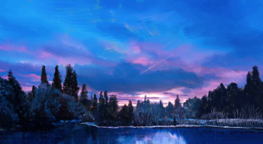 1other black_robe clouds cloudy_sky commentary_request dusk evening forest frozen_lake full_body highres kgt_(pixiv12957613) lake landscape nature original outdoors pine_tree reflection reflective_water robe scenery shooting_star sky tree very_wide_shot