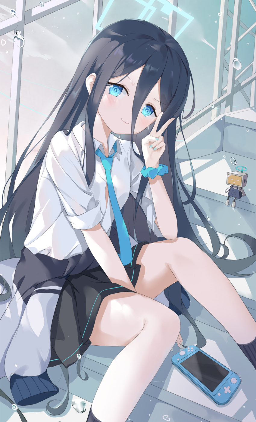 1girl :3 ankle_socks aris_(blue_archive) arm_between_legs black_hair black_socks blue_archive blue_eyes blue_nails blue_necktie blue_scrunchie blush breasts closed_mouth clothes_around_waist green_halo hair_between_eyes halo handheld_game_console head_tilt highres humanoid_robot indoors jacket jacket_around_waist light_blush long_hair looking_at_viewer necktie open_clothes open_shirt partially_unbuttoned ribbed_socks ringed_eyes robot scrunchie serika shirt short_sleeves sitting sitting_on_stairs skirt sleeves_rolled_up small_breasts smile socks solo stairs thighs uniform v v-shaped_eyebrows very_long_hair window wrist_scrunchie