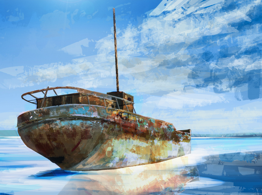 abandoned artist_self-reference beached_ship blue_sky boat clouds day highres horizon kgt_(pixiv12957613) landscape no_humans ocean original outdoors reflection reflective_water rust scenery sky watercraft