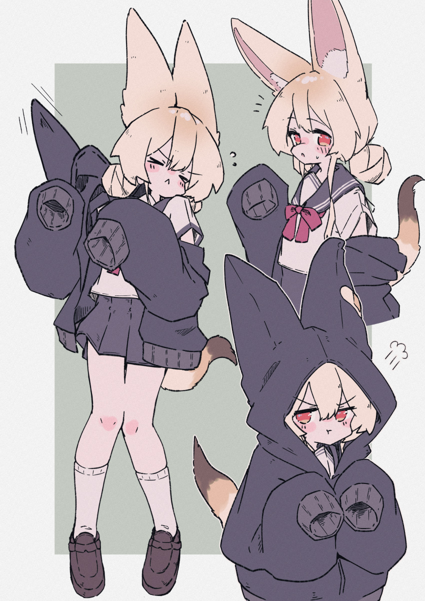 &gt;_&lt; 1girl :&lt; =3 absurdres animal_ear_fluff animal_ears animal_hood arm_at_side bandaid bandaid_on_clothes black_hoodie blonde_hair blush blush_stickers border bow brown_footwear closed_mouth clothes_tug commentary_request cropped_torso double_bun film_grain flying_sweatdrops fox_ears fox_girl fox_tail full_body green_bow grey_sailor_collar grey_skirt hair_bun hand_up hands_up highres hood hood_up hoodie jacket jacket_partially_removed jitome kneehighs knees_together_feet_apart long_sleeves looking_at_viewer looking_to_the_side medium_hair megateru motion_lines multiple_sources multiple_views nose_blush notice_lines open_clothes open_hoodie original outside_border parted_lips pigeon-toed pleated_skirt pout red_eyes sailor_collar school_uniform serafuku shirt short_sleeves sidelocks simple_background skirt sleeves_past_fingers sleeves_past_wrists socks tail white_border white_shirt white_socks