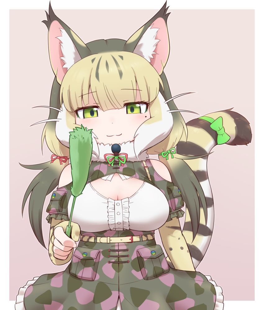 0x0082 1girl animal_ears bare_shoulders belt camouflage cat_ears cat_girl cat_tail elbow_gloves extra_ears fingerless_gloves gloves green_eyes grey_hair highres jungle_cat_(kemono_friends) kemono_friends kemono_friends_v_project long_hair looking_at_viewer microphone purple_background ribbon shirt simple_background skirt solo tail twintails virtual_youtuber
