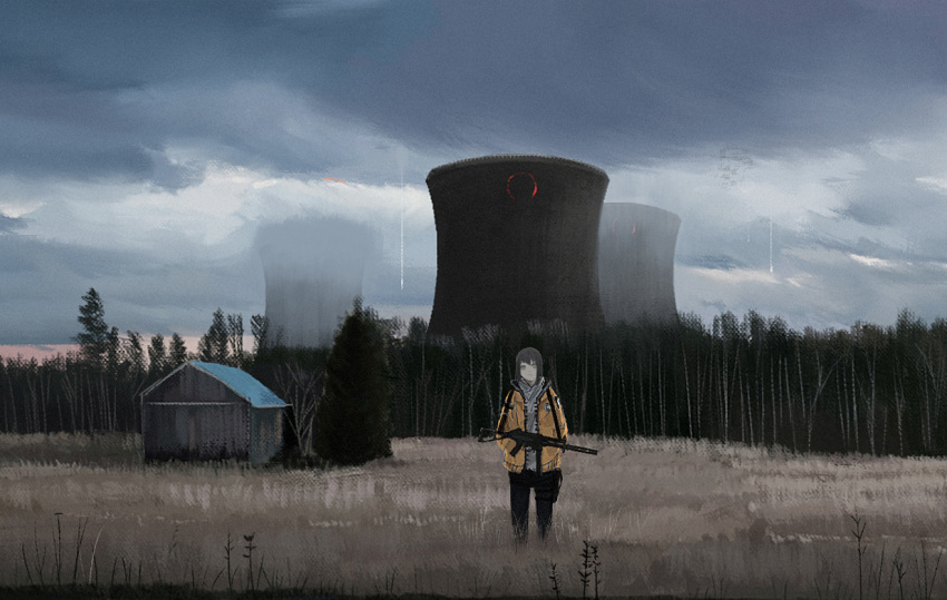 1girl black_pants closed_mouth expressionless field forest grass grey_eyes grey_hair grey_hoodie gun h&amp;k_ump hands_in_pockets holster hood hood_down hoodie jacket kgt_(pixiv12957613) landscape layered_clothes long_hair looking_at_viewer monster nature open_clothes open_jacket original outdoors pants scenery shack sling solo straight-on submachine_gun thigh_holster tree weapon yellow_jacket