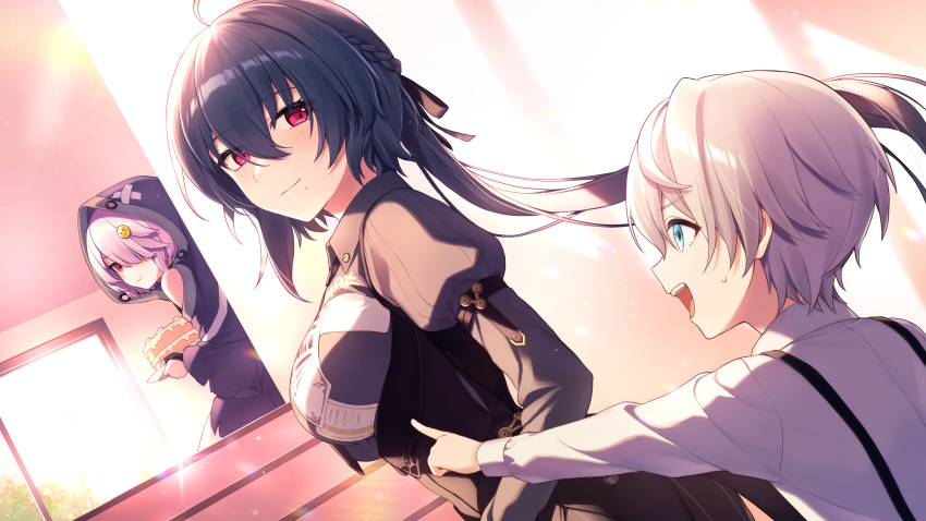 1boy 2girls aged_down ahoge black_necktie braid breasts cake closed_mouth female_child food grey_hair hair_between_eyes highres honkai_(series) honkai_impact_3rd hood hoodie indoors large_breasts long_sleeves looking_at_another lyle_collodi_(honkai_impact) male_child multiple_girls necktie official_alternate_costume open_mouth pointing pointing_at_another purple_hair rattail raven_(honkai_impact) red_eyes second-party_source shirt short_hair sitting smile sora_(honkai_impact) stairs standing sweatdrop teeth upper_teeth_only white_hair white_shirt white_sleeves yamabukiiro