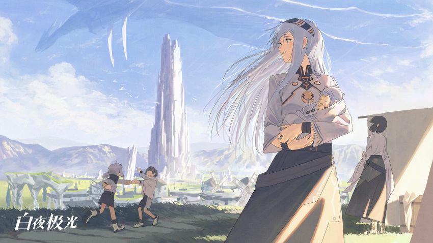2boys 2girls alchemy_stars baby baby_carry black_hair black_shorts black_skirt blanket boots building carrying clouds copyright_name drying drying_clothes grey_hair high-waist_skirt highres house jiankun_yu long_hair long_sleeves looking_at_another mountainous_horizon multiple_boys multiple_girls pointing shadow short_hair shorts sideways_mouth skirt smile standing tower white_footwear windmill wristband