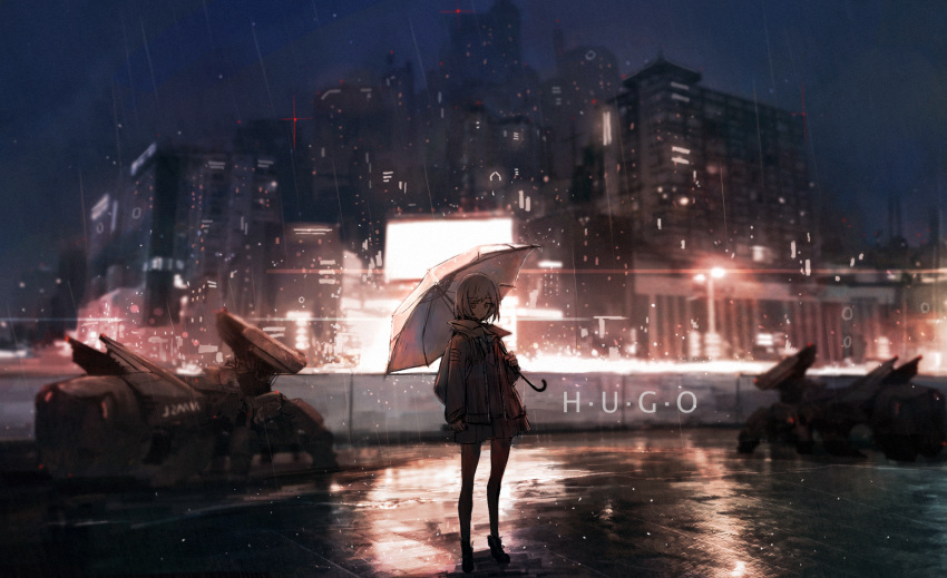 1girl axleaki backpack bag black_jacket black_pantyhose blurry blurry_background building city city_lights cityscape commentary highres holding holding_umbrella jacket lens_flare long_sleeves looking_at_viewer necktie night open_clothes open_jacket original pantyhose pleated_skirt rain scenery science_fiction short_hair skirt solo sparkle standing umbrella wet_ground white_hair wide_shot