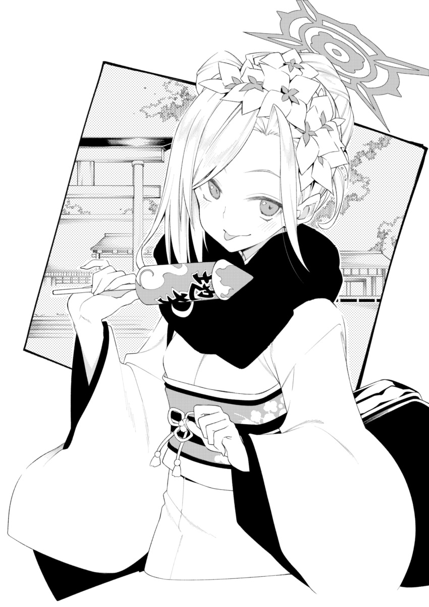 10mo 1girl :p blue_archive blush commentary_request flower fur-trimmed_kimono fur_trim greyscale hair_flower hair_ornament halo highres holding_fireworks japanese_clothes kimono long_sleeves looking_at_viewer monochrome mutsuki_(blue_archive) mutsuki_(new_year)_(blue_archive) obi pointy_ears sash simple_background smile solo tongue tongue_out upper_body wide_sleeves