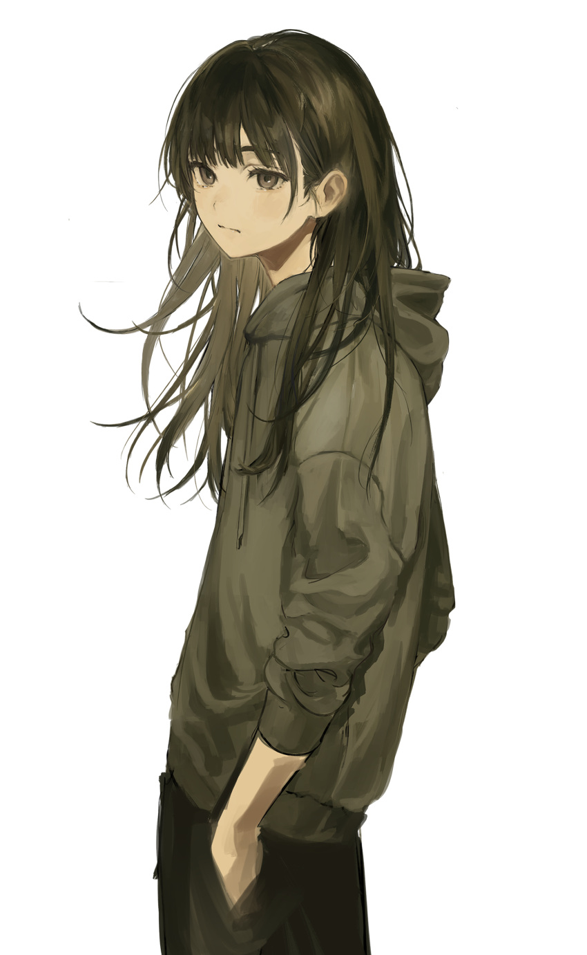 1boy absurdres androgynous black-haired_boy_(iwzry) brown_eyes brown_hair brown_hoodie closed_mouth cowboy_shot expressionless from_side funabashi_(iwzry) hand_in_pocket highres hood hood_down hoodie long_hair long_sleeves male_focus original simple_background solo standing white_background