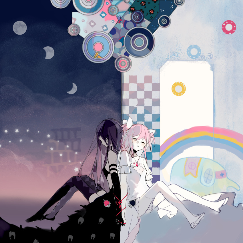 2girls abstract abstract_background absurdres akemi_homura akuma_homura argyle argyle_legwear arms_at_sides back-to-back bare_shoulders black_dress black_gloves bow cleavage_cutout closed_eyes clothing_cutout clouds commentary contrast crescent_moon dress elbow_gloves entangled frilled_sleeves frills from_side full_body full_moon gloves goddess_madoka hair_between_eyes hair_bow highres holding_hands kaname_madoka knees_up long_hair mahou_shoujo_madoka_magica mahou_shoujo_madoka_magica:_hangyaku_no_monogatari mixed-language_commentary moon moon_phases multiple_girls night night_sky pink_hair purple_hair purple_thighhighs rainbow shenbaitu short_hair short_sleeves short_twintails sitting sky soul_gem star_(symbol) straight_hair string string_of_fate thigh-highs twintails white_dress white_thighhighs