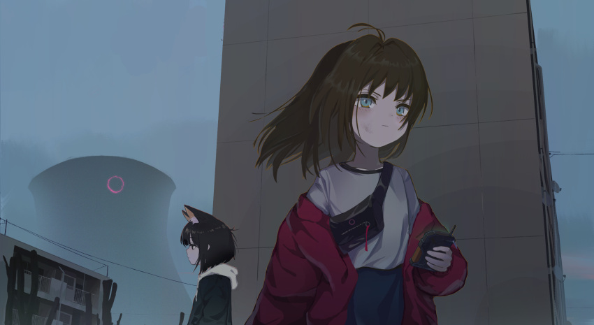 2girls :| ahoge animal_ears arm_at_side bag balcony black_eyes black_hair black_hoodie blue_eyes blue_shorts blush brown_hair building cat_ears cat_girl closed_mouth clouds cloudy_sky collarbone cooling_tower day dirty dirty_face dot_nose expressionless floating_hair fog highres holding_radio hood hood_down hoodie jacket kgt_(pixiv12957613) long_bangs medium_hair monster multiple_girls off_shoulder original outdoors power_lines profile railing red_jacket scenery shirt shorts shoulder_bag silhouette sky upper_body white_shirt