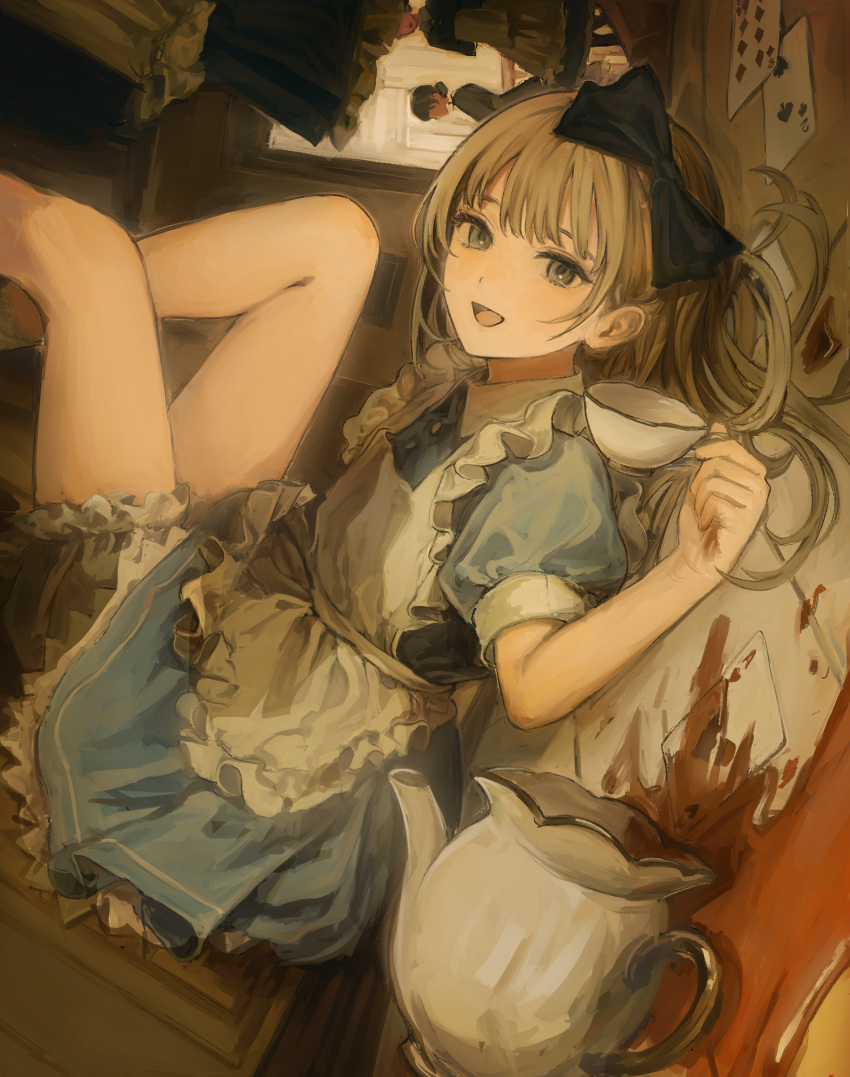 1girl absurdres alice_(alice_in_wonderland) alice_in_wonderland apron black_bow blonde_hair bloomers blue_dress bow card dress frilled_apron frills funabashi_(iwzry) grey_eyes hair_bow highres jug_(bottle) legs looking_at_viewer open_mouth puffy_short_sleeves puffy_sleeves short_hair short_sleeves sideways sitting solo solo_focus spill underwear white_apron white_bloomers