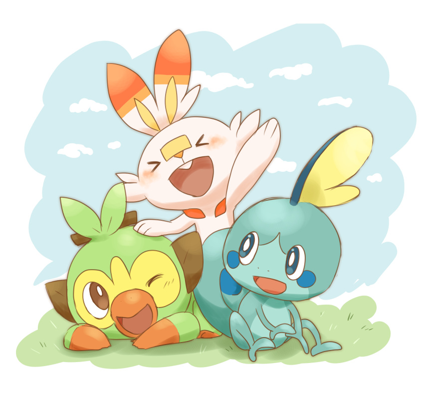 &gt;o&lt; arm_up blue_eyes blush bright_pupils brown_eyes buck_teeth closed_eyes clouds grookey hand_on_another's_head highres nostrils open_mouth outdoors pokemon pokemon_(creature) saudade_sn scorbunny sitting sobble starter_pokemon_trio teeth white_pupils