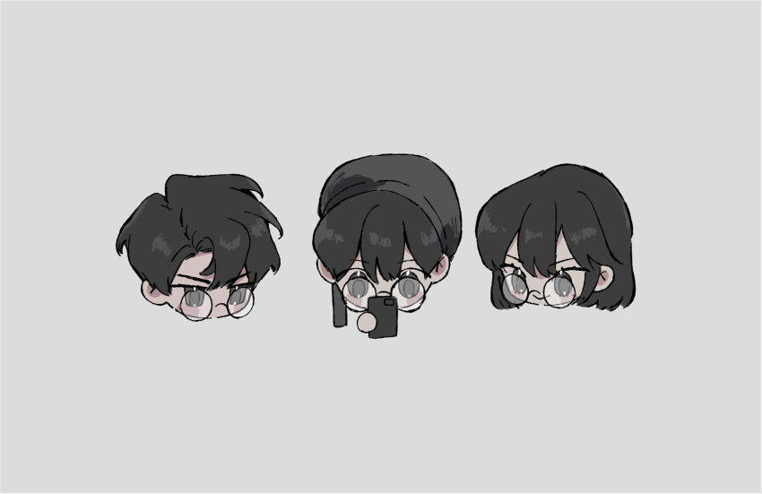 1girl 2boys black_eyes black_hair black_headwear cellphone chibi closed_mouth frown glasses grey_background han_sooyoung highres holding holding_phone kim_dokja light_blush looking_at_phone multiple_boys omniscient_reader's_viewpoint phone serious short_hair simple_background smartphone smile yjh_lawyer yoo_joonghyuk