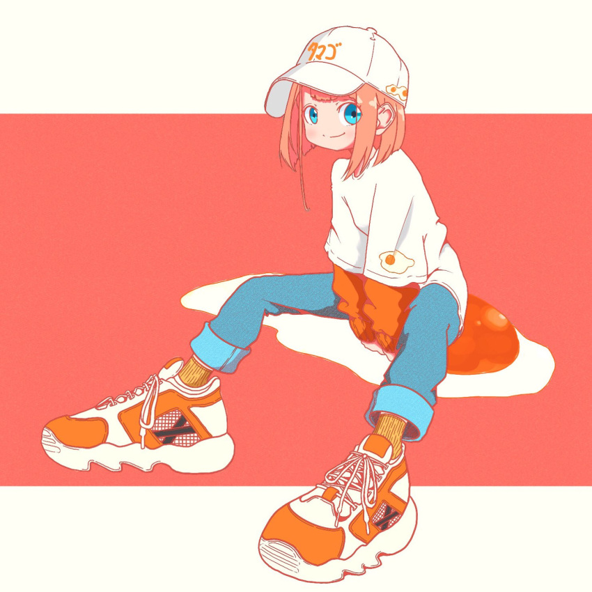 1girl baseball_cap between_legs blue_eyes blue_pants bob_cut closed_mouth commentary denim fried_egg full_body hand_between_legs hat highres jeans layered_sleeves long_sleeves looking_at_viewer nao97122 orange_footwear orange_hair orange_sweater original outside_border pants red_background ribbed_socks shirt shoes short_hair short_over_long_sleeves short_sleeves sitting smile sneakers socks solo sweater t-shirt white_footwear white_headwear white_shirt yellow_socks