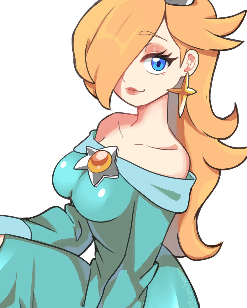 1girl aqua_dress bare_shoulders bbycheese blonde_hair blue_eyes breasts brooch collarbone dress earrings feet_out_of_frame hair_over_one_eye highres jewelry long_hair off-shoulder_dress off_shoulder rosalina smile solo star_(symbol) star_brooch star_earrings super_mario_bros.