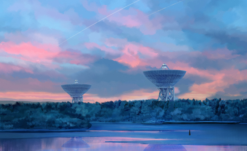 1other clouds cloudy_sky contrail dusk evening forest frozen_lake highres horizon kgt_(pixiv12957613) lake landscape mountain nature original reflection satellite_dish scenery sky solo very_wide_shot