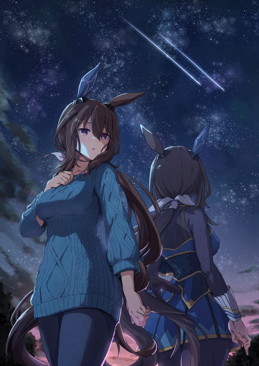 2girls admire_vega_(umamusume) animal_ears blue_sweater casual dual_persona ear_covers hair_ribbon hand_on_own_chest highres horse_ears horse_girl horse_tail low_ponytail multiple_girls night night_sky ribbon shooting_star single_ear_cover sky star_(sky) starheart starry_sky sweater tail umamusume