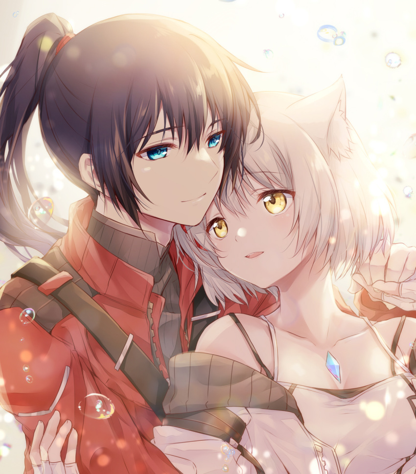 1boy 1girl animal_ear_fluff animal_ears bare_shoulders black_hair black_shirt blue_eyes blush bubble cat_ears closed_mouth commentary_request couple eye_contact fingerless_gloves gloves grey_hair hair_between_eyes hair_tie hetero highres holding_hands jacket long_hair looking_at_another mio_(xenoblade) noah_(xenoblade) off_shoulder open_clothes open_jacket open_mouth ponytail red_jacket ribbed_shirt shirt short_hair sleeveless sleeveless_shirt smile turtleneck ui_frara white_gloves white_jacket white_shirt xenoblade_chronicles_(series) xenoblade_chronicles_3 yellow_eyes