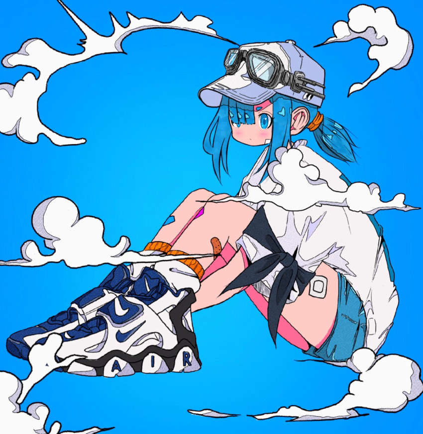 1girl asymmetrical_bangs baseball_cap blue_background blue_eyes blue_hair blue_shorts closed_mouth clouds from_side full_body goggles goggles_on_headwear hair_over_one_eye hat highres knees_up legs_together light_blush long_bangs medium_hair nao97122 nike revision shirt shoes short_ponytail short_sleeves shorts sidelocks simple_background sitting sneakers socks solo white_footwear white_headwear white_shirt white_socks