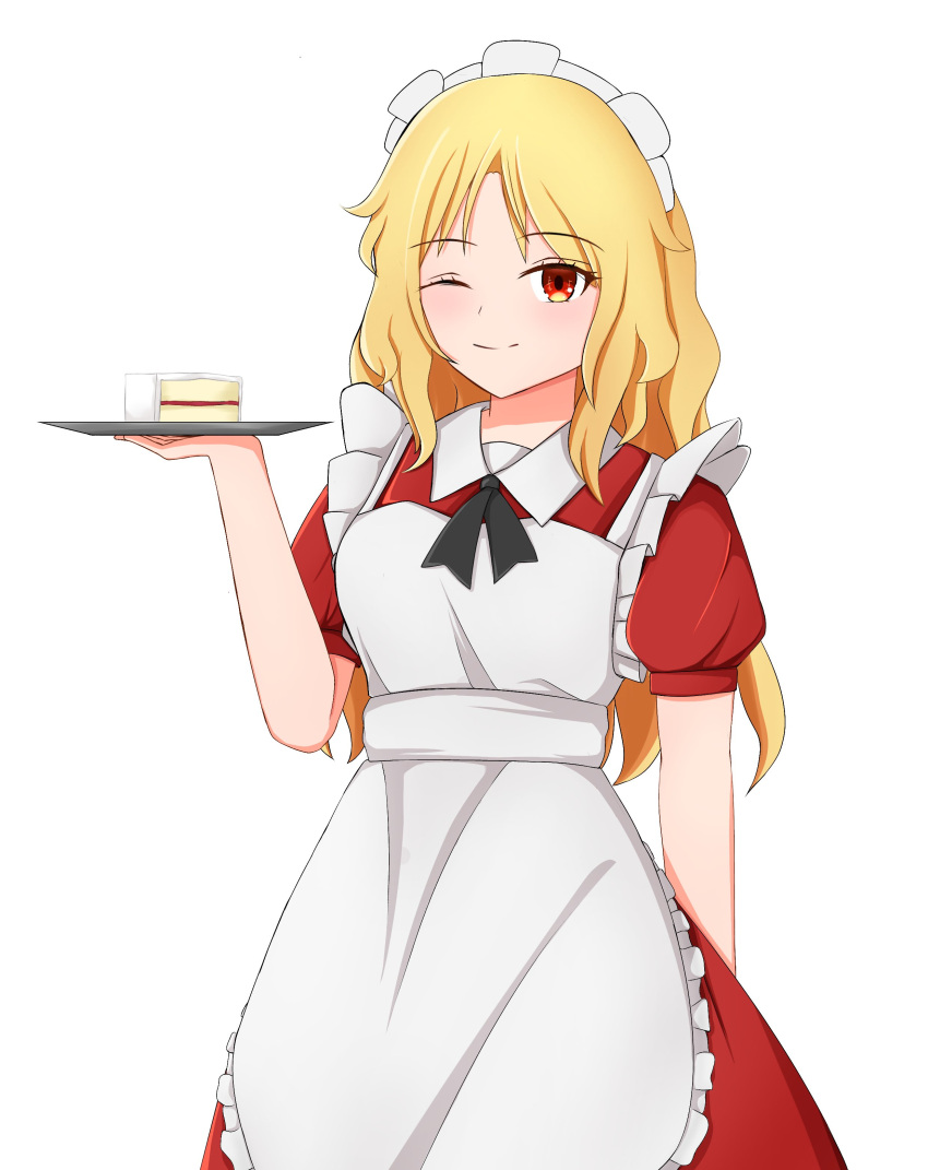 1girl ;) absurdres apron blonde_hair cake closed_mouth commentary dress english_commentary food hatoman_(ytef4434) highres long_hair maid maid_headdress one_eye_closed red_dress red_eyes short_sleeves simple_background smile solo touhou touhou_(pc-98) white_apron white_background yumeko_(touhou)
