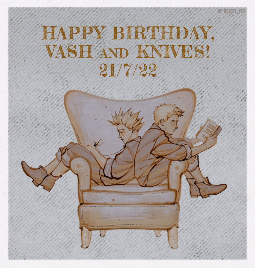 2boys absurdres aged_down armchair back-to-back blonde_hair book brothers chair character_name closed_eyes closed_mouth dated desert_fox earphones english_text full_body happy_birthday highres holding holding_book mechanical_arms millions_knives mole multiple_boys prosthesis short_hair siblings single_mechanical_arm sitting spiky_hair trigun vash_the_stampede