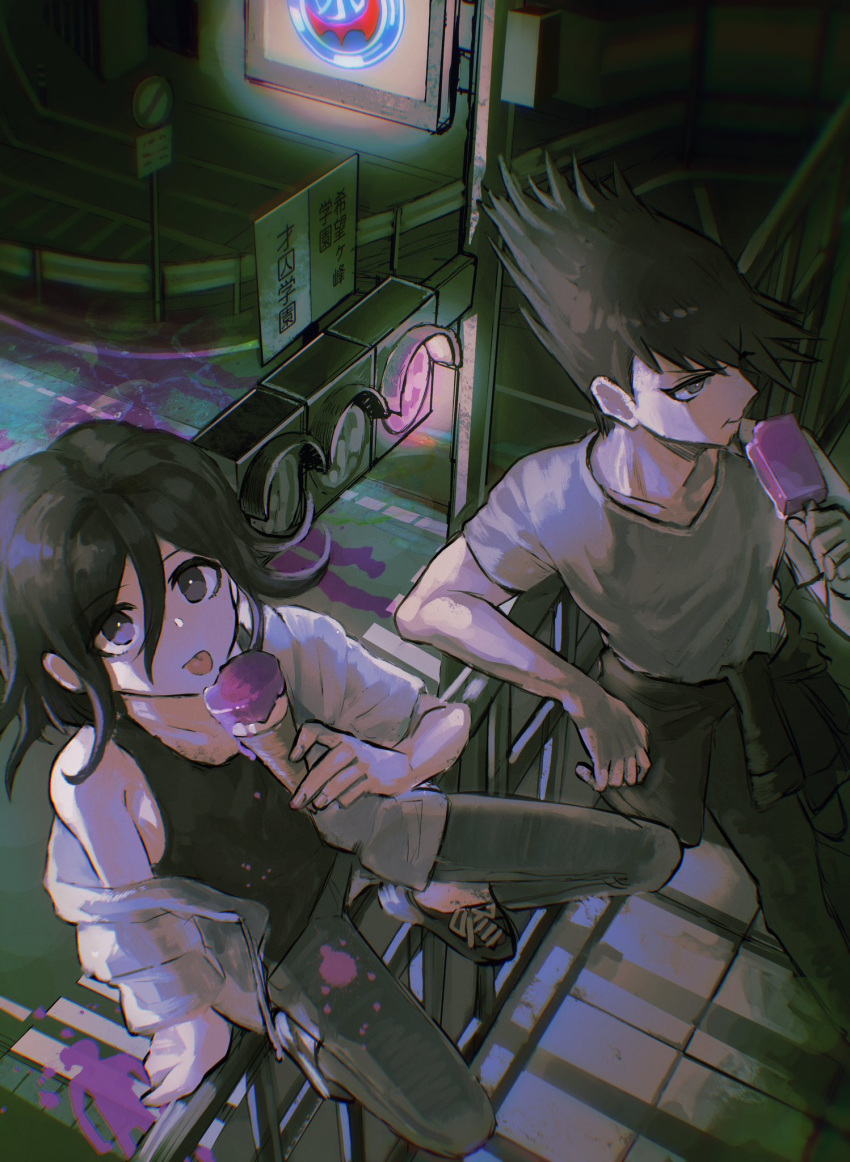 2boys against_railing blood clothes_around_waist danganronpa_(series) danganronpa_v3:_killing_harmony food hair_between_eyes highres holding holding_food ice_cream ice_cream_cone looking_at_viewer male_focus momota_kaito multiple_boys night off_shoulder oma_kokichi open_clothes open_shirt outdoors pants popsicle purple_blood railing road shirt shoes short_sleeves sign sitting sitting_on_railing spiky_hair street tongue tongue_out traffic_light violet_eyes visket53
