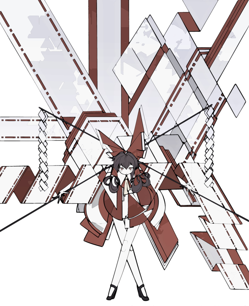 1girl abstract adapted_costume ascot bow brown_eyes brown_hair closed_mouth colored_skin crossed_legs cubism full_body geometric_pattern geometry gohei hair_bow hair_tubes hakurei_reimu harano_kaguyama highres holding holding_gohei long_hair long_sleeves looking_at_viewer oversized_clothes red_bow red_skirt red_vest shapes simple_background skirt skirt_set sleeves_past_fingers sleeves_past_wrists solo standing touhou very_long_sleeves vest white_background white_skin wide_shot wide_sleeves yellow_ascot