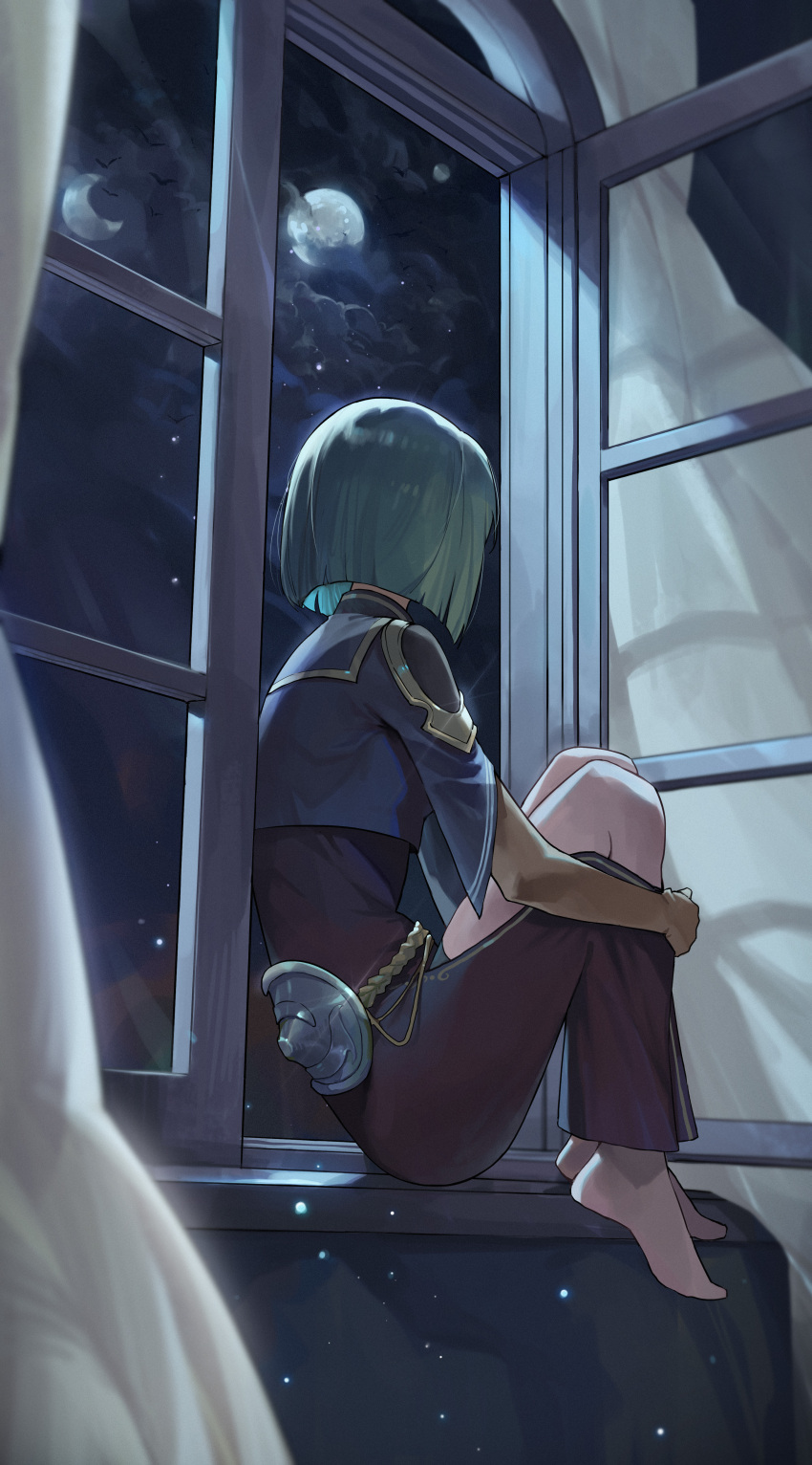 1girl absurdres barefoot blue_sailor_collar blue_shirt brown_pants clouds commission cropped_shirt curtains facing_away from_side full_moon green_hair hand_on_own_ankle highres indoors knees_up light_particles long_sleeves moon night night_sky open_window original pants pixiv_commission reflection sailor_collar shirt short_hair sidelocks sitting sky solo sssong_aa window windowsill