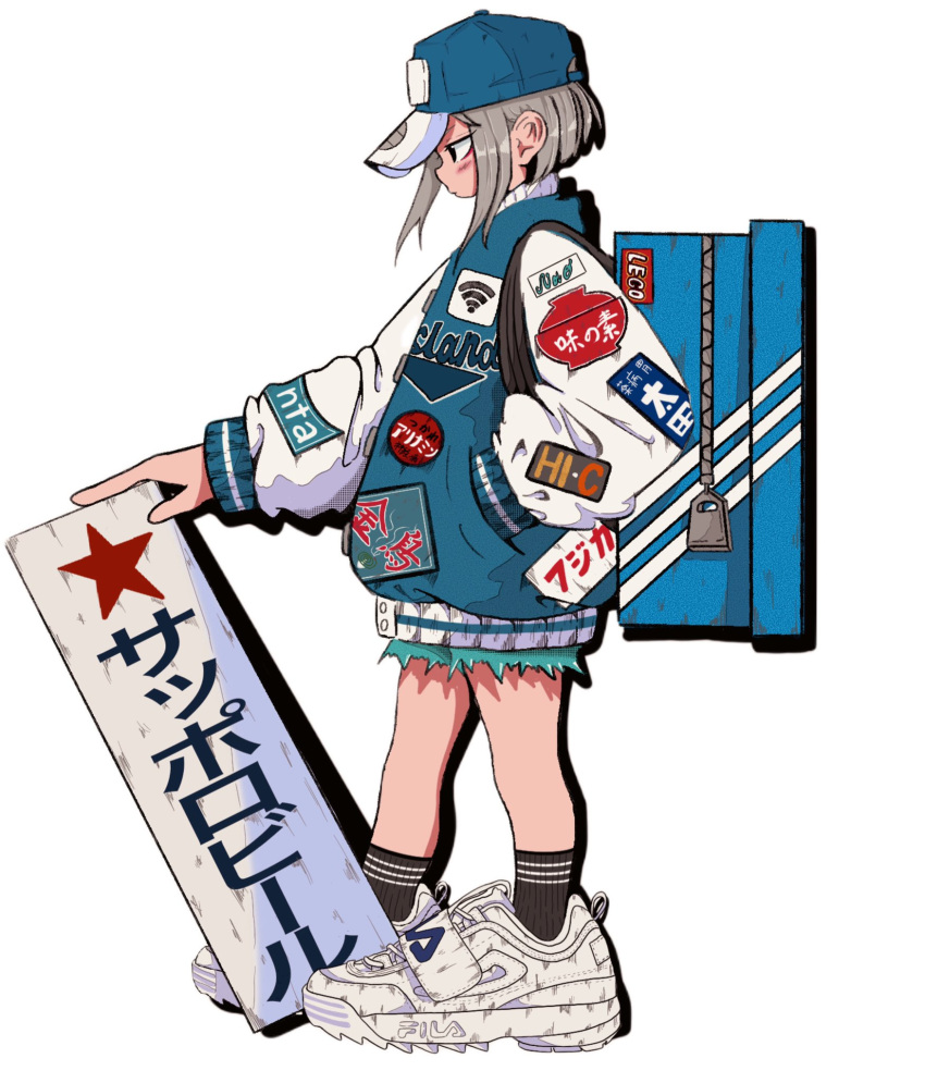 1girl aqua_shorts backpack bag baseball_cap black_socks blue_headwear blue_jacket clothes_writing drop_shadow fila from_side full_body grey_hair hand_in_pocket hat highres holding holding_sign jacket jitome lego long_sleeves nao97122 original patch profile revision shoe_box shoes short_hair shorts sidelocks sign simple_background sneakers socks solo standing streetwear white_background white_footwear white_sleeves zipper zipper_pull_tab