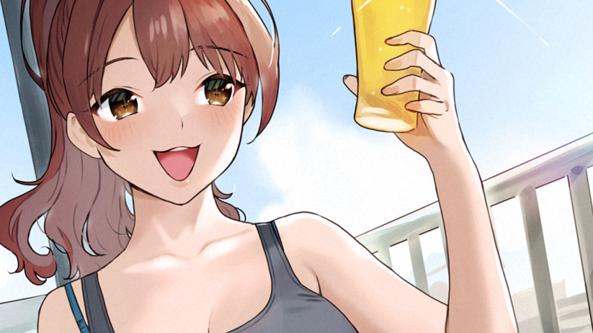 1girl alcohol arm_up bare_arms bare_shoulders beer beer_glass black_tank_top blue_sky blush bra_strap breasts brown_hair clouds cloudy_sky cup doushimasho holding holding_cup long_hair open_mouth original outdoors ponytail railing sky sleeveless tank_top teeth upper_teeth_only yellow_eyes