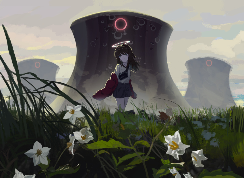 1girl absurdres arms_at_sides bag black_shorts blue_eyes brown_hair clouds cloudy_sky day field floating_hair flower grass hair_between_eyes halo highres jacket jacket_partially_removed kgt_(pixiv12957613) landscape legs_together long_hair long_sleeves monster nature off_shoulder original outdoors red_jacket scenery shirt shorts shoulder_bag sidelocks sky solo white_flower white_shirt